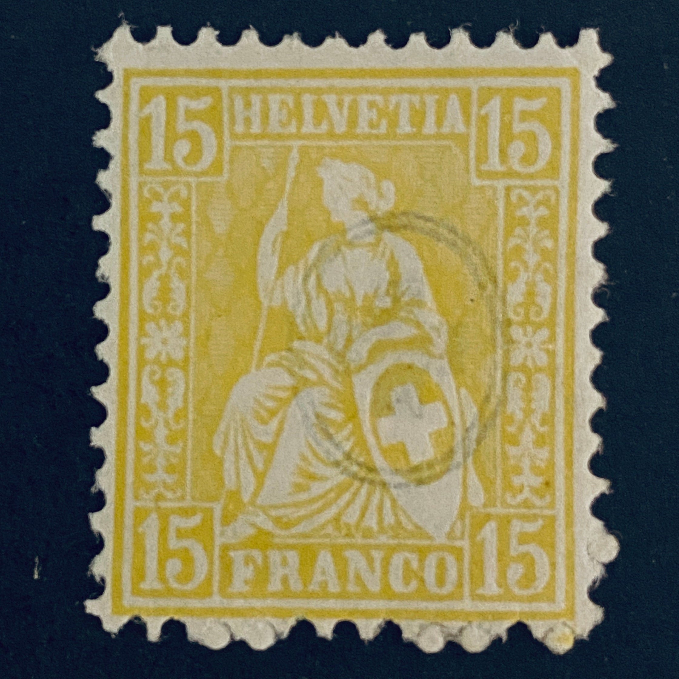 Switzerland Lemon Seated Helvetia 15 Rappen Stamp Scotts Cat #54 Mint